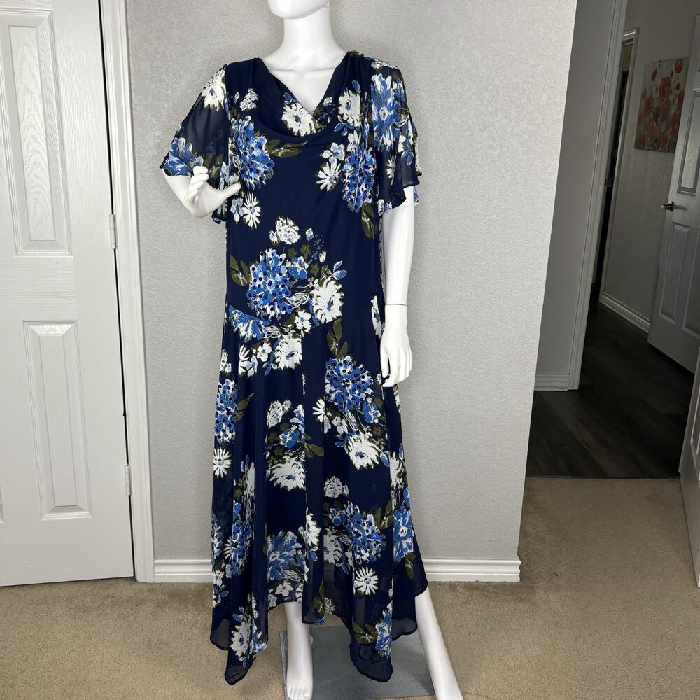 Roaman's Maxi Dress Cowl Neck Handkerchief Hem Whimsigoth Navy Blue Fairy Sz 24W
